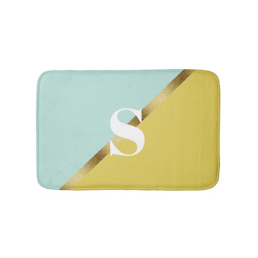 Hellblau Gelb Gold Monogramm Badematte (Vorderseite)