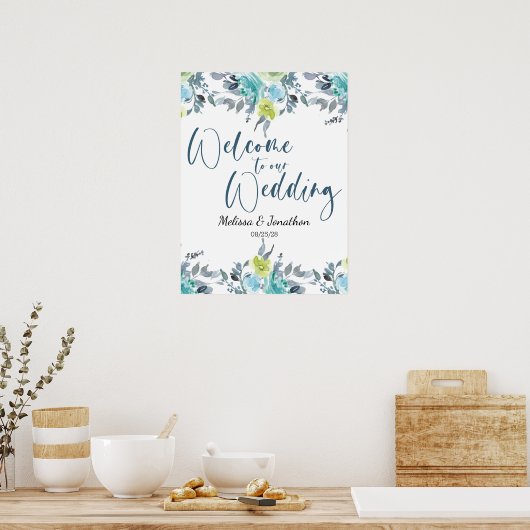 Hellblau-gelb-grünes Blumenposter Poster (Küche)