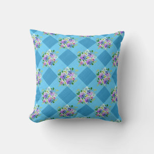 Hellblau Gingham und ländliches Blumenmuster Kissen