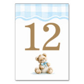 Hellblau Gingham und Teddybär-Baby-Party Tischnummer (Rückseite)