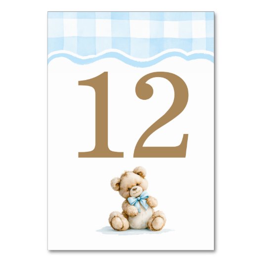 Hellblau Gingham und Teddybär-Baby-Party Tischnummer (Vorderseite)