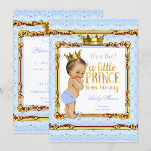 Hellblau Gold Weiß Prinz Baby Shower Brünette Einladung