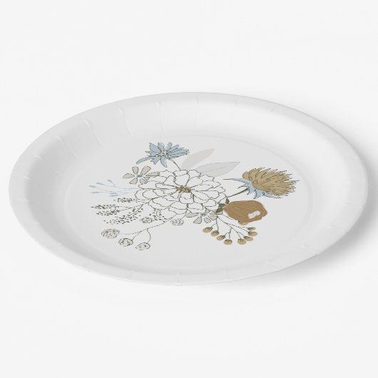 Hellblau-grau-bräunliche Sommerfloralen Pappteller (Schrägansicht)