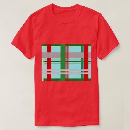 Hellblau, grün und rot kariert gemustert T-Shirt (Design vorne)