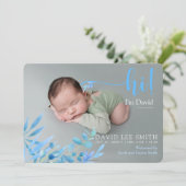 Hellblau "Hi" mit Blätter-Geburtsankündigung Ankündigung (Stehend Vorderseite)