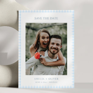 Hellblau kariert, süße Sommerhochzeit Save The Date