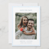 Hellblau kariert, süße Sommerhochzeit Save The Date (Vorderseite)