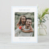 Hellblau kariert, süße Sommerhochzeit Save The Date (Stehend Vorderseite)