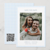 Hellblau kariert, süße Sommerhochzeit Save The Date (Vorne/Hinten)