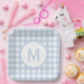 Hellblau kariertes Gingham-Muster mit Monogramm Pappteller (Party)