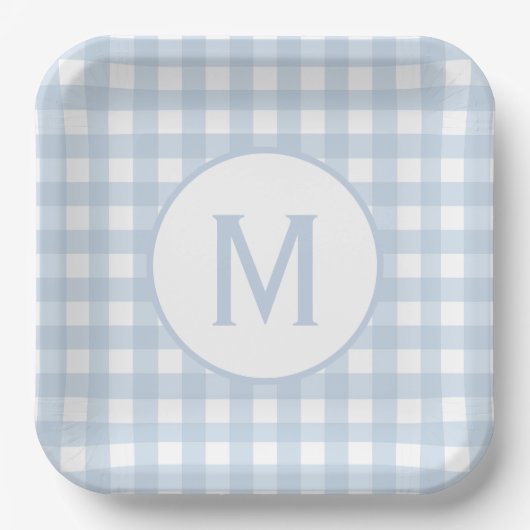 Hellblau kariertes Gingham-Muster mit Monogramm Pappteller (Vorderseite)