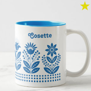 Hellblau minimalistischer Volkskunst-Blumenname Zweifarbige Tasse