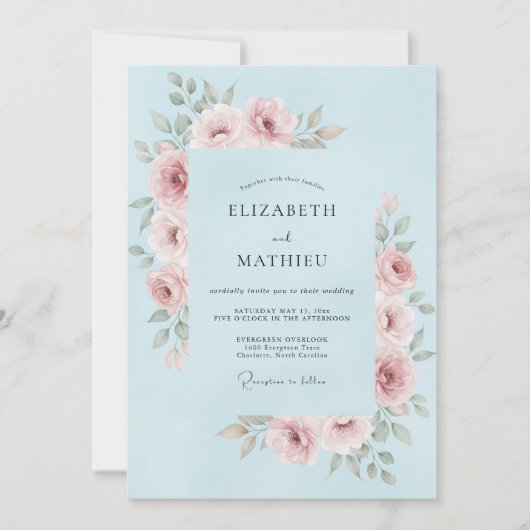 Hellblau-rosa Blumige Hochzeit Einladung (Vorderseite)