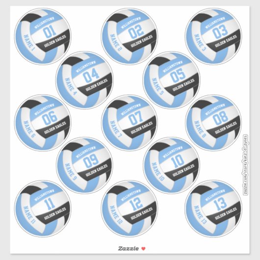 hellblau schwarz 13 Volleyballspieler-Namen Aufkleber (Blatt)