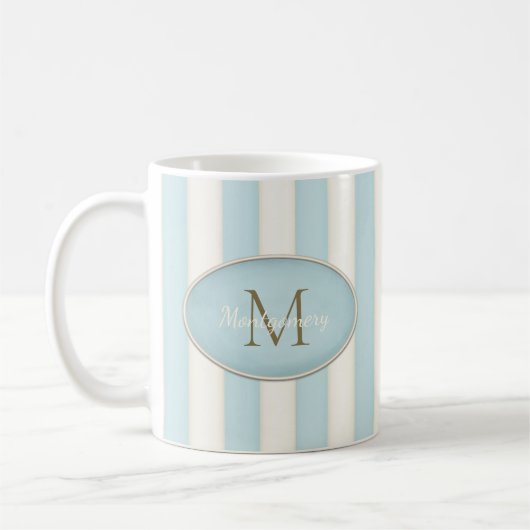 Hellblau und antike weiße Streifen Bronze Monogram Kaffeetasse (Links)