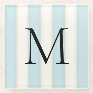 Hellblau und Antiquweiß gestreift monogrammiert Glasuntersetzer