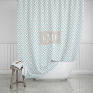 Hellblau und beige geometrische Monogramme Duschvorhang