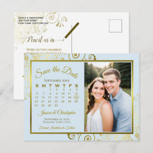 Hellblau und Gold Hochzeit Termin Kalender Foto Ankündigungspostkarte
