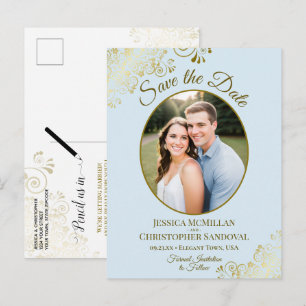 Hellblau und Gold Hochzeit Vormerkung Oval Foto Ankündigungspostkarte