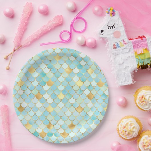 Hellblau und goldfarbene Meerjungenskala Pappteller (Party)