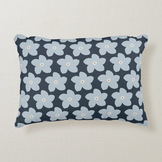 Hellblau und marineblaue Retro-Blume Dekokissen (Vorderseite)