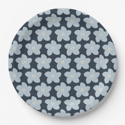 Hellblau und marineblaue Retro-Blume Pappteller (Vorderseite)