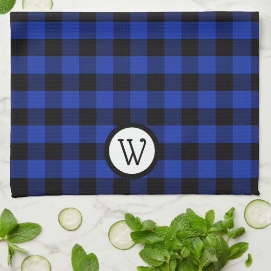 Hellblau und schwarz Buffalo Kariert mit Monogram Geschirrtuch (Gefaltet)