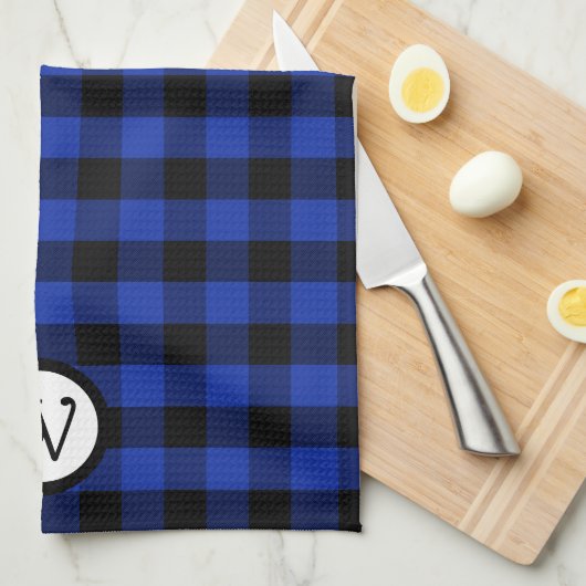 Hellblau und schwarz Buffalo Kariert mit Monogram Geschirrtuch (Viertel Falte)