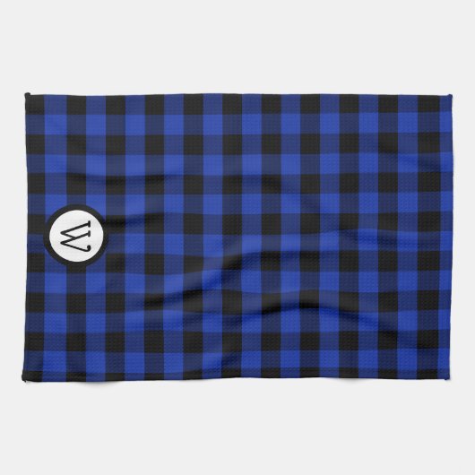 Hellblau und schwarz Buffalo Kariert mit Monogram Geschirrtuch (Horizontal)
