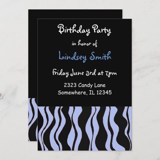 Hellblau und schwarz Zebra Einladung zum Geburtsta (Vorne/Hinten)