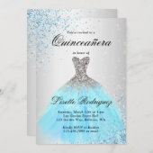 Hellblau und silber Quinceanera Einladung (Vorne/Hinten)