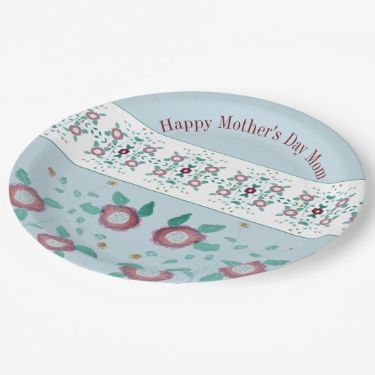 Hellblau und türkisblau mit weichrosafarbenen Blum Pappteller (Schrägansicht)