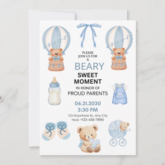 HELLBLAU WEIß 13X18 CM BÄR JUNGE BABY SHOWER SAVE THE DATE (Vorderseite)