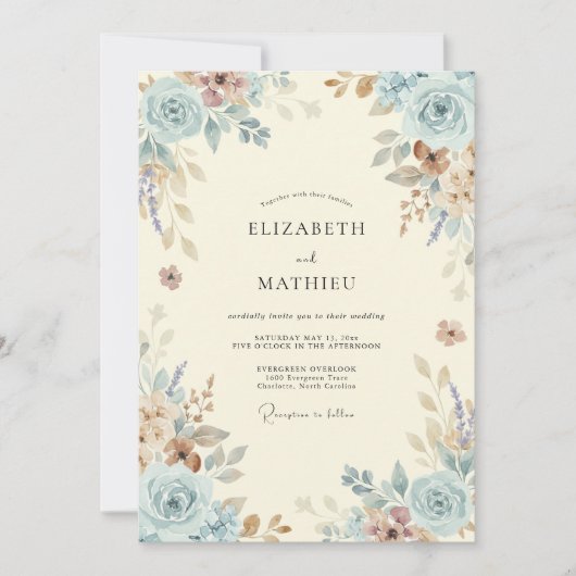 Hellblaue Antiquiert Florale Hochzeit Einladung (Vorderseite)