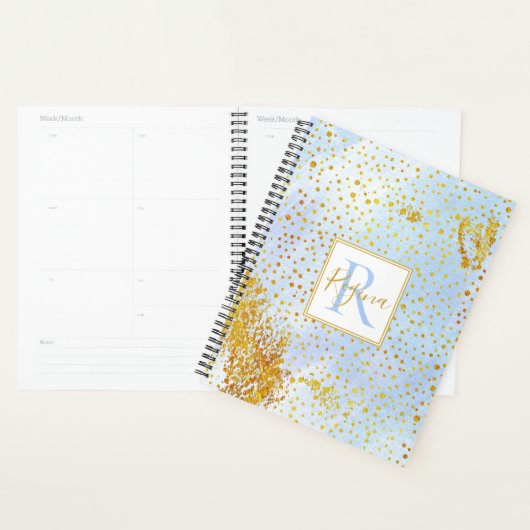 Hellblaue Aquarell und Goldfetti-Monogramm Planer (Anzeige)