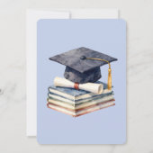 Hellblaue Aquarellbücher Cap-Abschlussfeier Einladung (Rückseite)