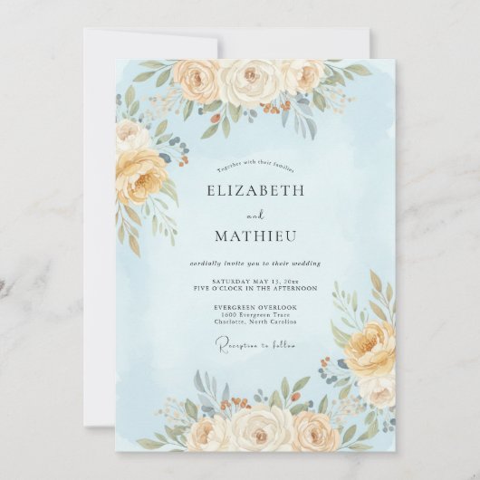 Hellblaue Ätherische Blumenhochzeit Einladung (Vorderseite)
