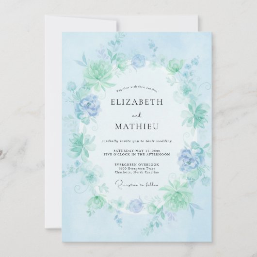 Hellblaue Ätherische Blütenhochzeit Einladung (Vorderseite)