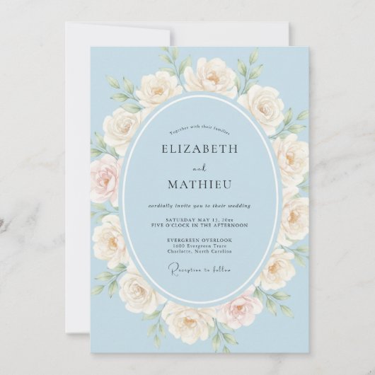 Hellblaue Ätherische Rosenhochzeit Einladung (Vorderseite)