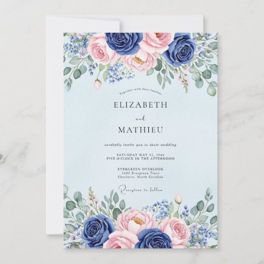 Hellblaue blühende botanische Hochzeit Einladung (Vorderseite)