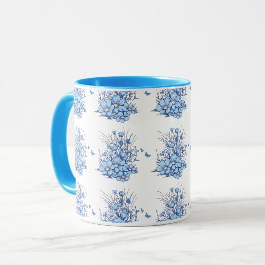 Hellblaue Blumen Blumenmuster Kaffeemaschine Tasse (Vorderseite Links)