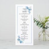 Hellblaue botanische Blumengestaltung Hochzeit Menükarte (Stehend Vorderseite)