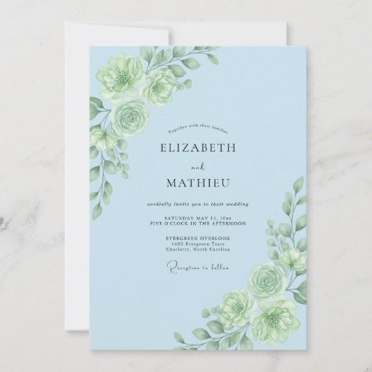 Hellblaue botanische Blütenhochzeit Einladung (Vorderseite)