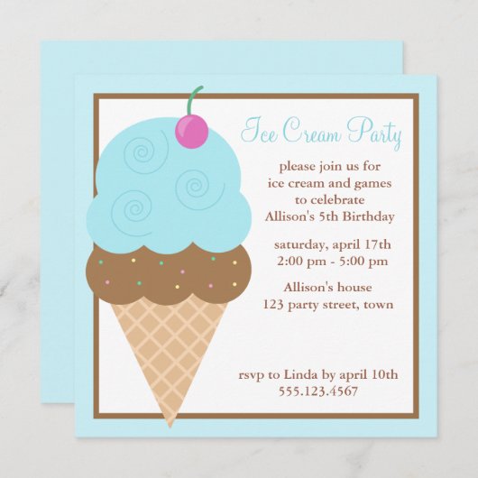 Hellblaue Eistüte Einladung (Vorne/Hinten)