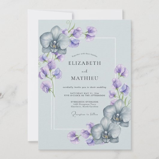Hellblaue elegante Orchideen-Hochzeit Einladung (Vorderseite)