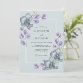 Hellblaue elegante Orchideen-Hochzeit Einladung (Stehend Vorderseite)