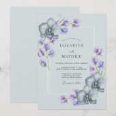 Hellblaue elegante Orchideen-Hochzeit Einladung (Vorne/Hinten)