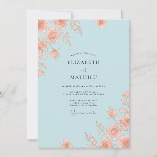 Hellblaue elegante Rosenhochzeit Einladung (Vorderseite)