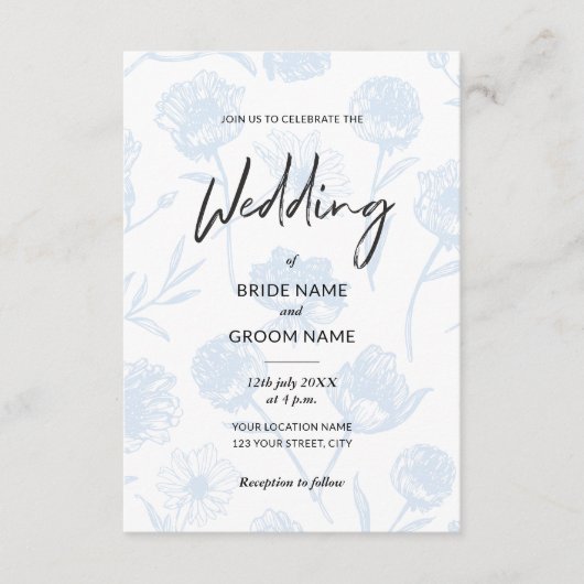 Hellblaue Florale Elegante Illustrations-Hochzeit Einladung (Vorderseite)