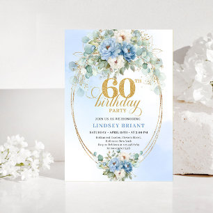 Hellblaue Florale Goldene 60. Geburtstagseinladung Einladung